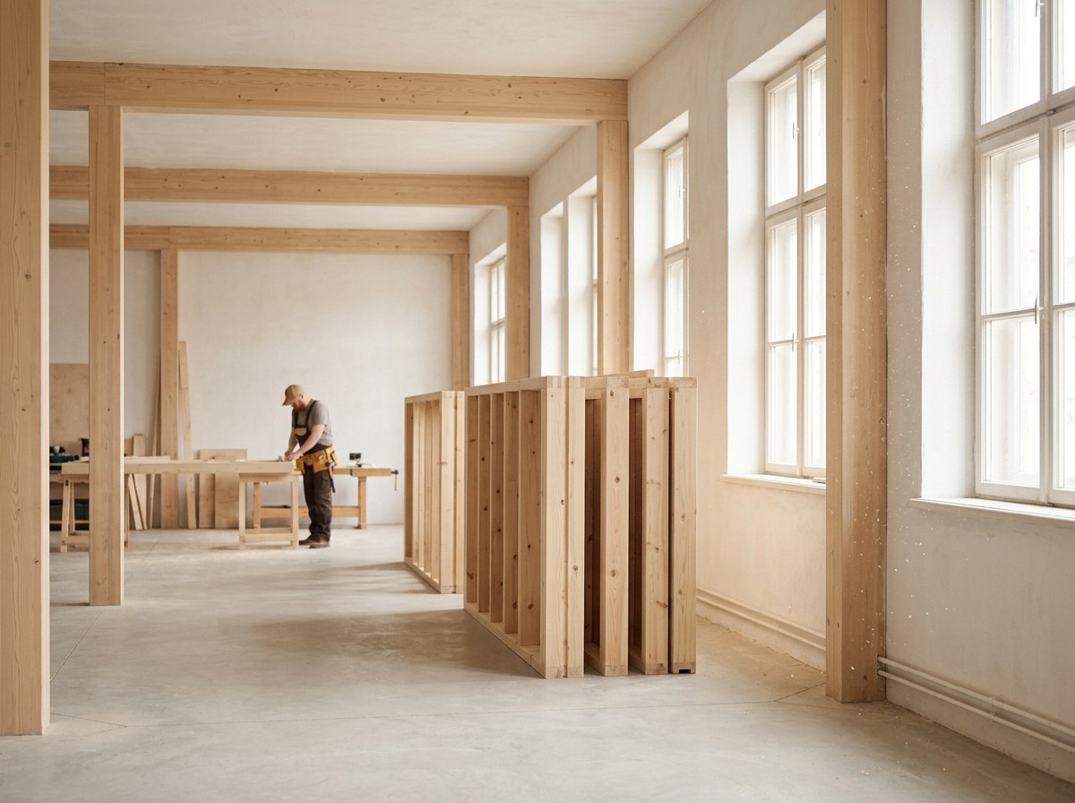 Vorgefertigte Wandelemente in Holzrahmenbauweise in der Abbundhalle