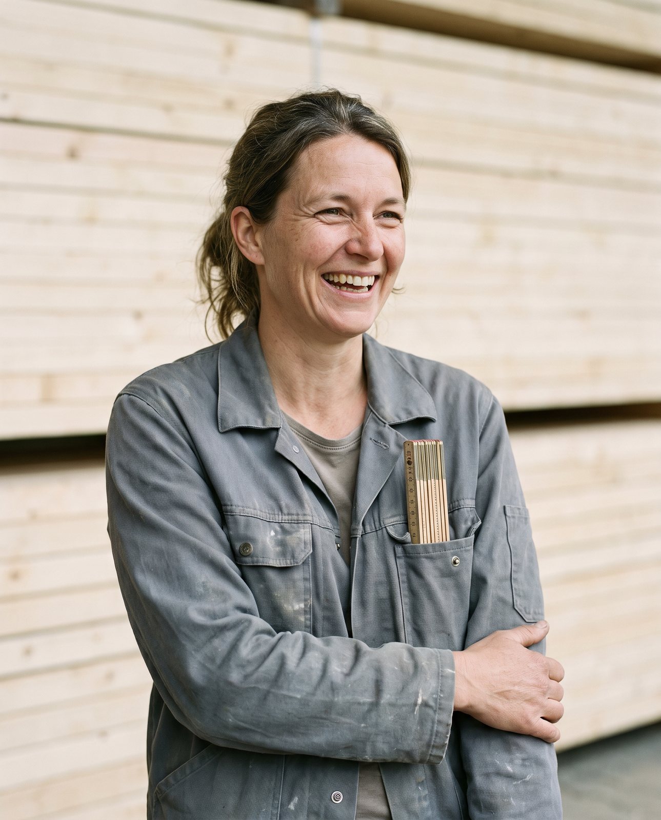 Anja Steinbrecher lacht im Holzlager der Zimmerei in Hersbruck