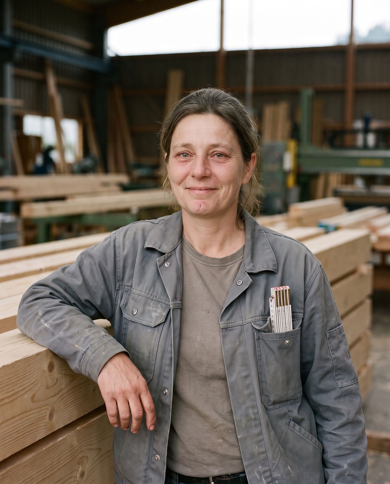 Anja Steinbrecher, Zimmerermeisterin und Geschäftsführerin, in der Abbundhalle