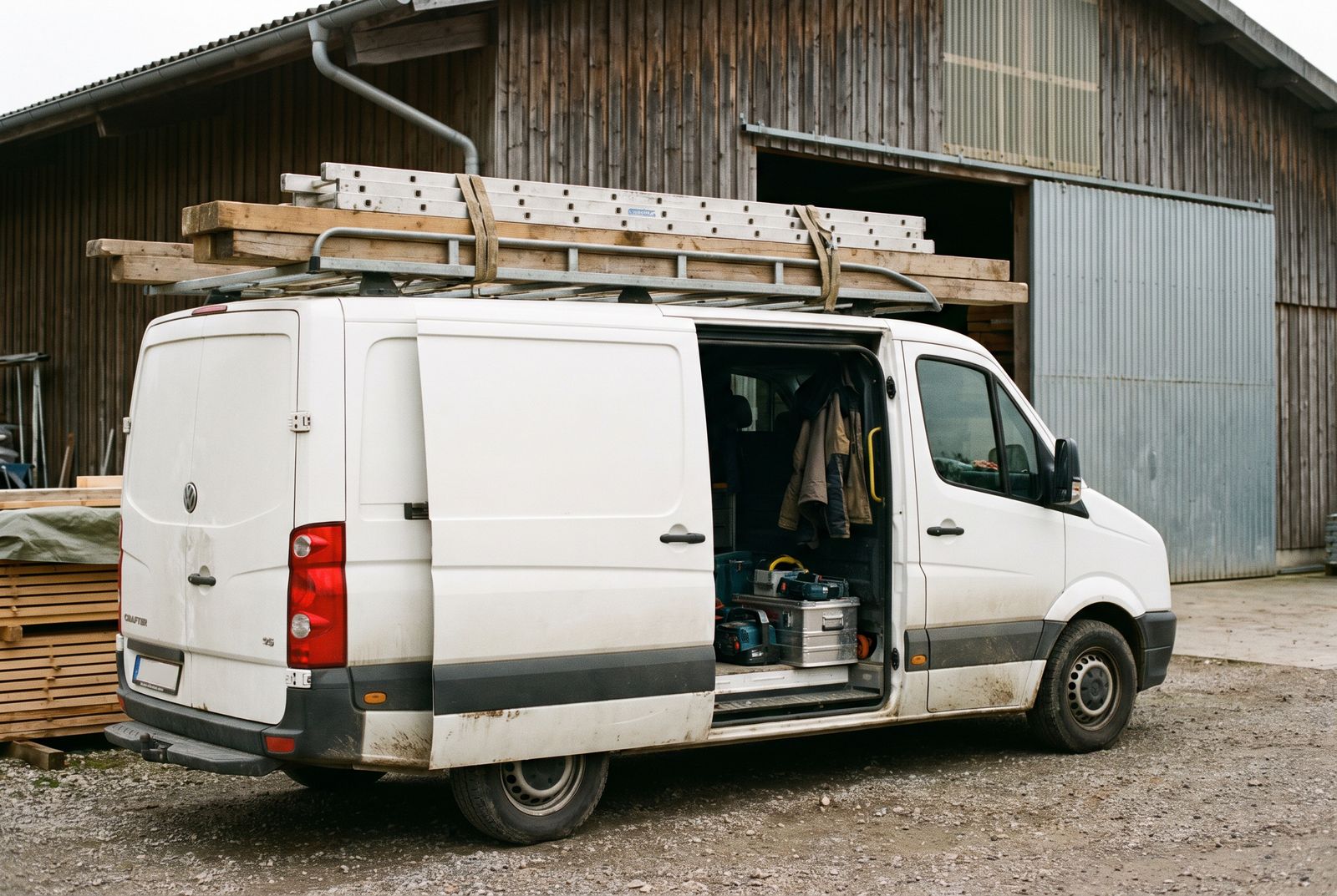 Transporter von Holzbau Steinbrecher mit Leiter und Latten auf dem Dach vor der Halle in Hersbruck