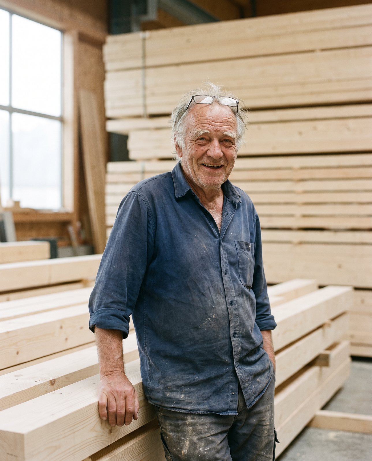 Gerhard Steinbrecher, Zimmerermeister und Gründer der Zimmerei, im Holzlager