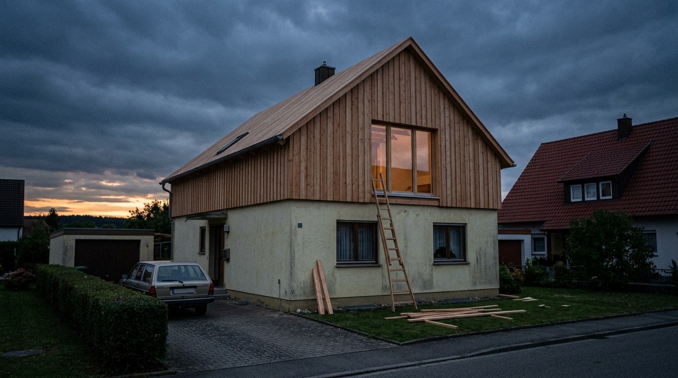 Aufgestocktes Einfamilienhaus in Hersbruck-Altensittenbach mit neuem Holzgeschoss am Abend