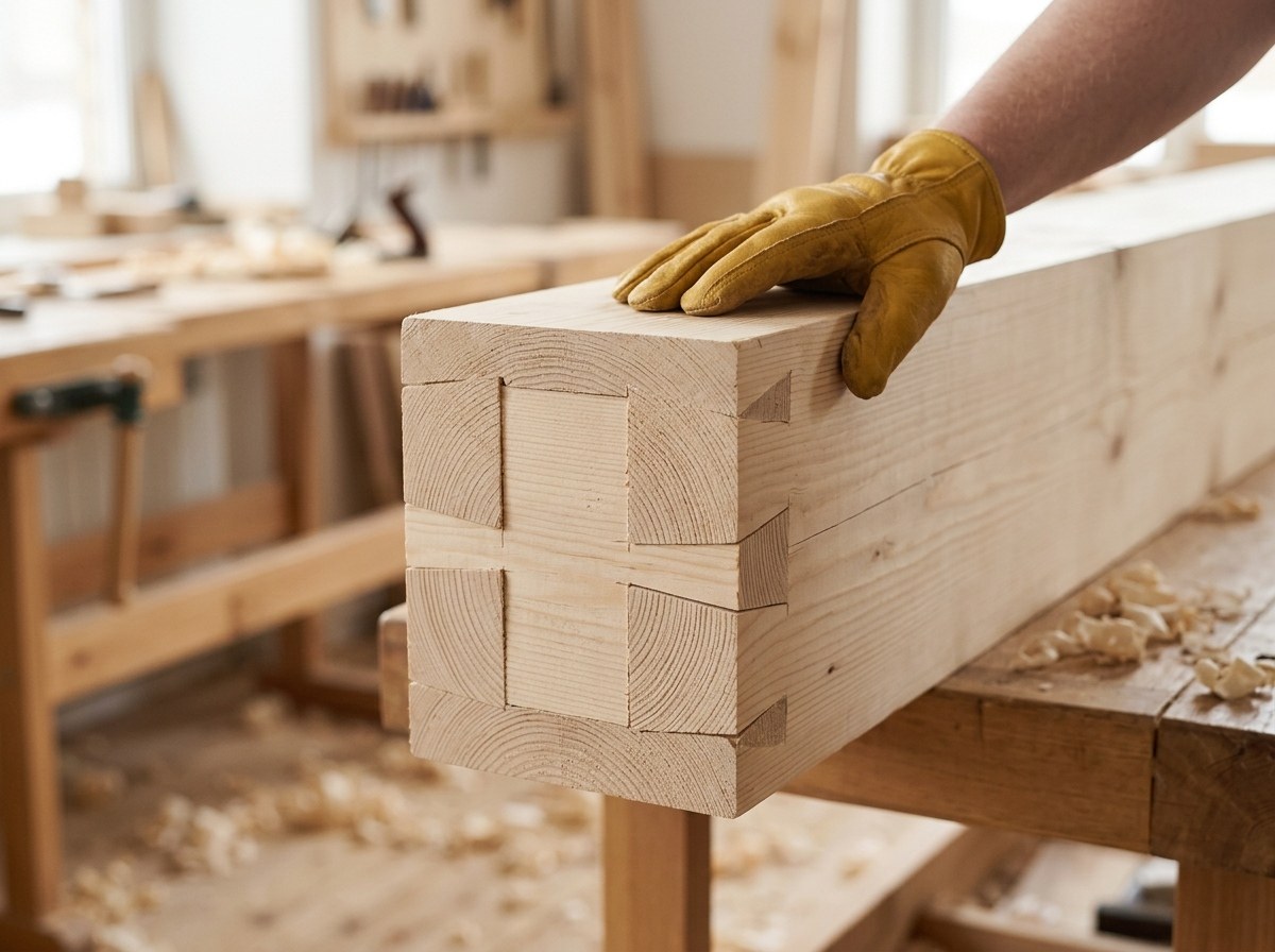 Schwalbenschwanzverbindung an einem Fichtenbalken, von Hand gearbeitet